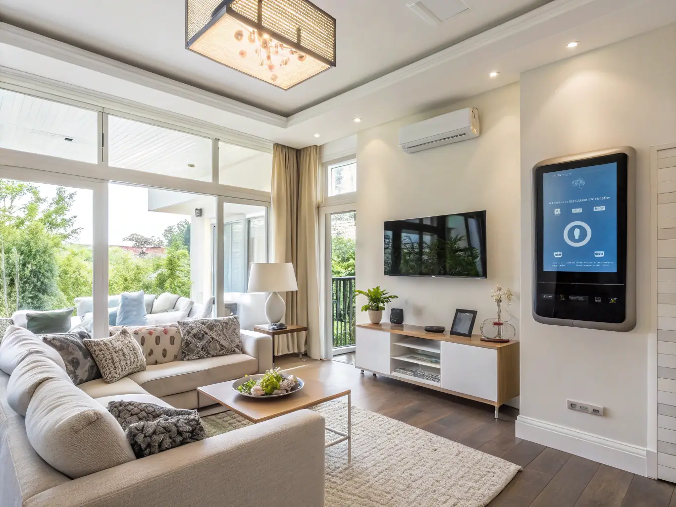 A bright and airy interior of a Canvas Rama9 smart home, highlighting the open-plan living space and high-end finishes. The image should emphasize the modern design and smart technology.